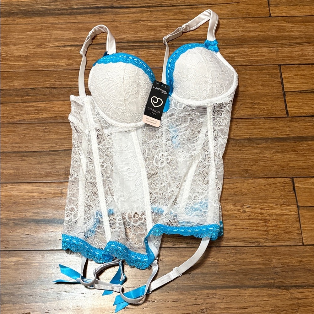 Lovehoney Lace Push-up Basque Top Lingerie White Blue Brand New NWT